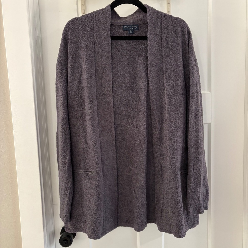 Barefoot Dreams CozyChic Lite Cardigan XL Gray Open Front Zipper Pockets Soft